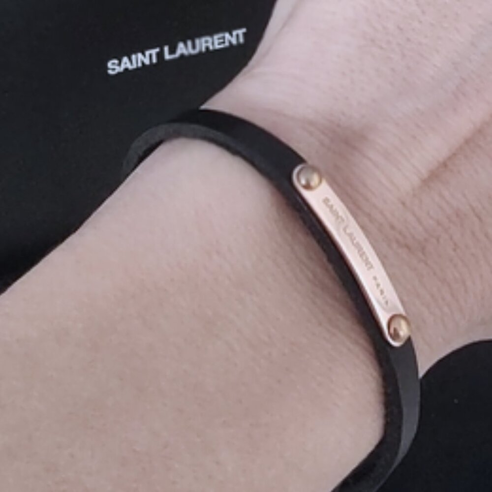 Yves Saint Laurent leather bracelet gold-tone plaque full set dust bag box EUC - Picture 8 of 9